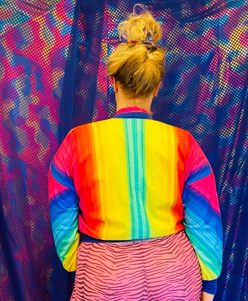 🌈 Handmade colorful Reversible Bomberjacket. The Spirograph Pink & Blue with shiney unicorn sleeves, the other side is geometric rainbow with pockets!! Attached to the zip is an Sabine Staartjes keychain!  🧵One piece available!   🛒This product is finished and ready to send!  📏 One size. Modelsize is XL  🎨  Wanna have a custom made size or design? YOU can also choose for an other fabric or color!! Contact us! Info@sabinestaartjes.com