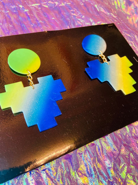 Earring - Clay - Stud Heart - Yellow Blue Ombre