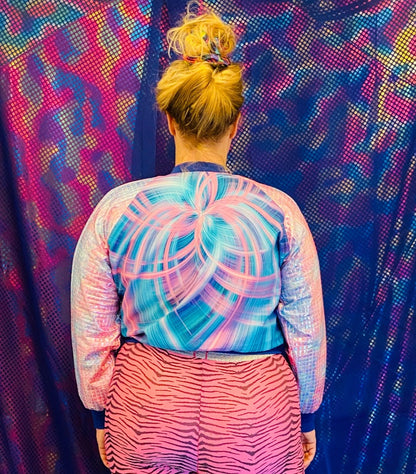 🌈 Handmade colorful Reversible Bomberjacket. The Spirograph Pink & Blue with shiney unicorn sleeves, the other side is geometric rainbow with pockets!! Attached to the zip is an Sabine Staartjes keychain!  🧵One piece available!   🛒This product is finished and ready to send!  📏 One size. Modelsize is XL  🎨  Wanna have a custom made size or design? YOU can also choose for an other fabric or color!! Contact us! Info@sabinestaartjes.com